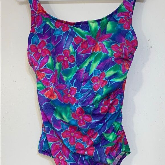 𝅺vintage 80’s Metallic Shimmer Floral One Piece XL - Picture 5 of 7
